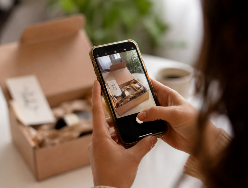 Pessoa utilizando um smartphone para gravar um vídeo de unboxing de um produto, representando o uso de conteúdo gerado pelo usuário (UGC) no marketing digital.